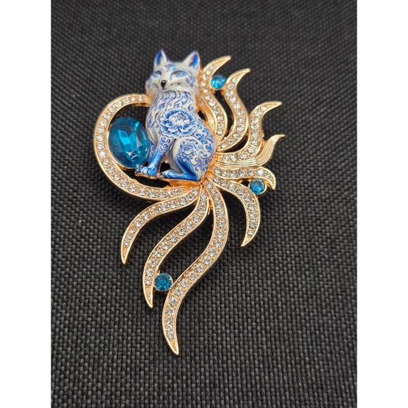 Jewelry - Gold Tone Kitsune Nine Tailed Fox Brooch Blue Enamel Rhinestone Crystal Pin